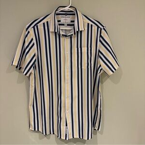 Short Sleeve Vertical Stripe Button-Down Shirt - White/Navy/Yellow
